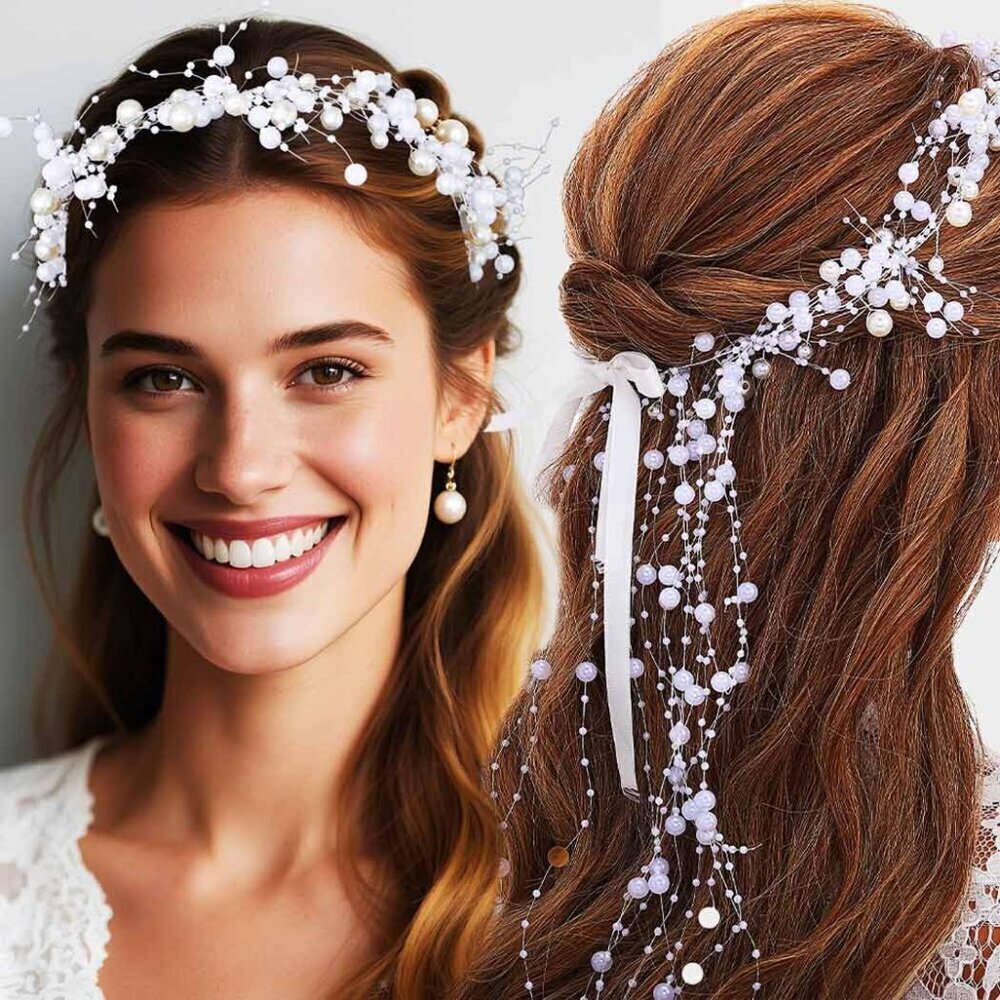 Pearl Wedding Headband Bridal Hair Vine Tassel Accessories for Women